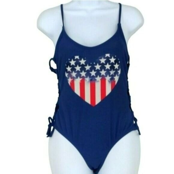 California Waves July 4th Heart Blue Swimsuit One Piece Size L Patriotic Day NEW - Picture 4 of 9